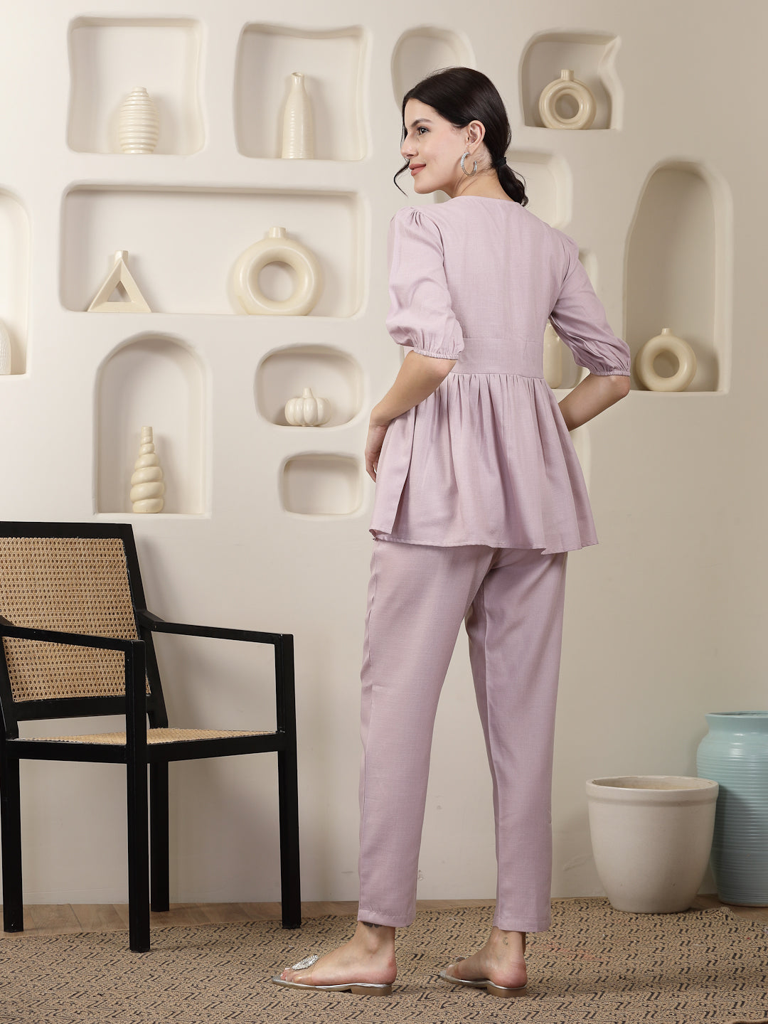 Solid & Embroidered Cotton Blend Co-Ord Set