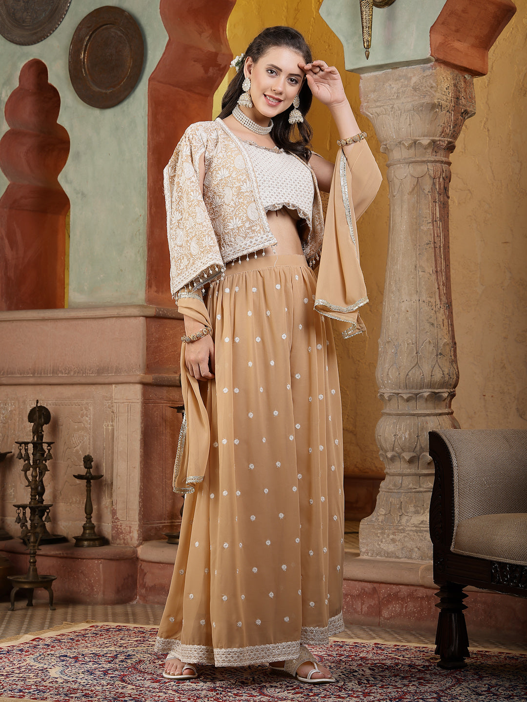 Beige Jacket Style Party Wear Georgette Crop Top Palazzo Dupatta Co-Ord Set