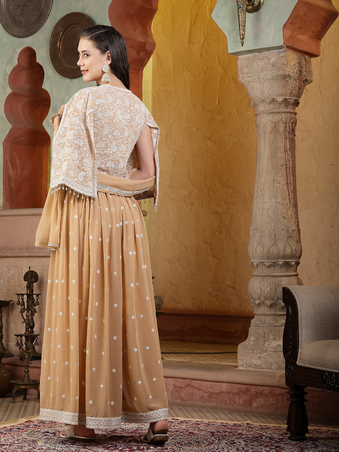 Beige Jacket Style Party Wear Georgette Crop Top Palazzo Dupatta Co-Ord Set (Pre-Order)