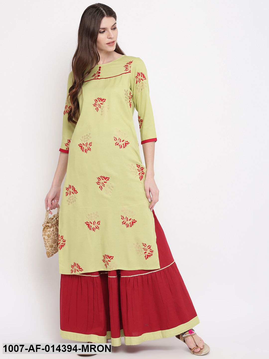 Gold Printed Rayon Straight kurta Skirt Set (Green,Maroon) (Pre-Order)