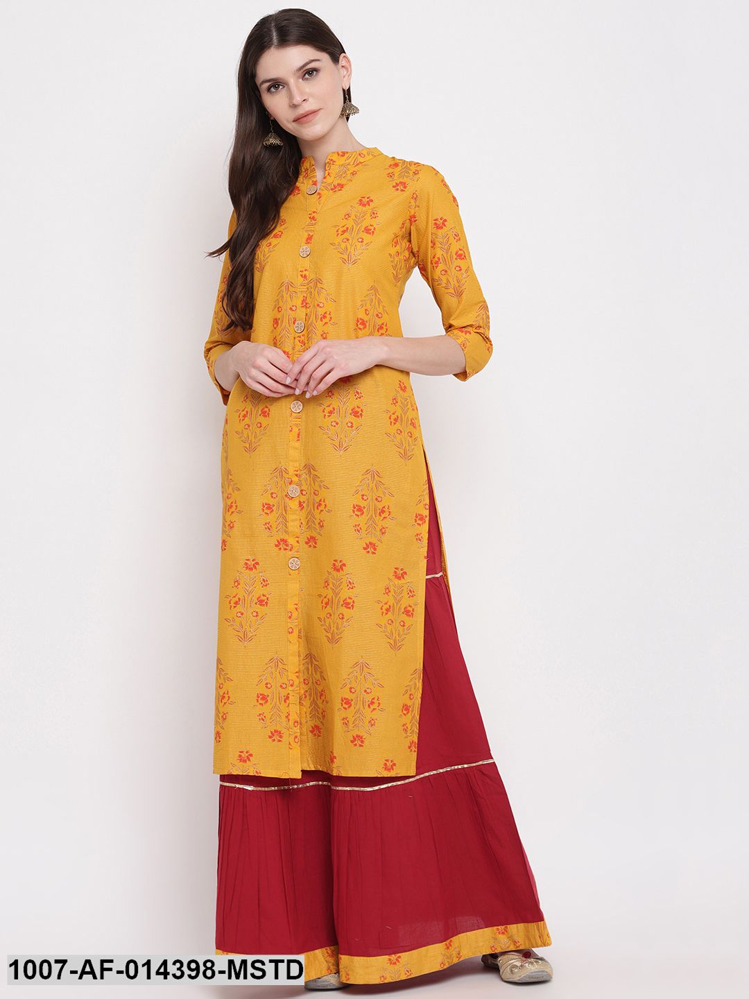 Floral Print Cotton Straight kurta Skirt Set (Mustard,Maroon) (Pre-Order)