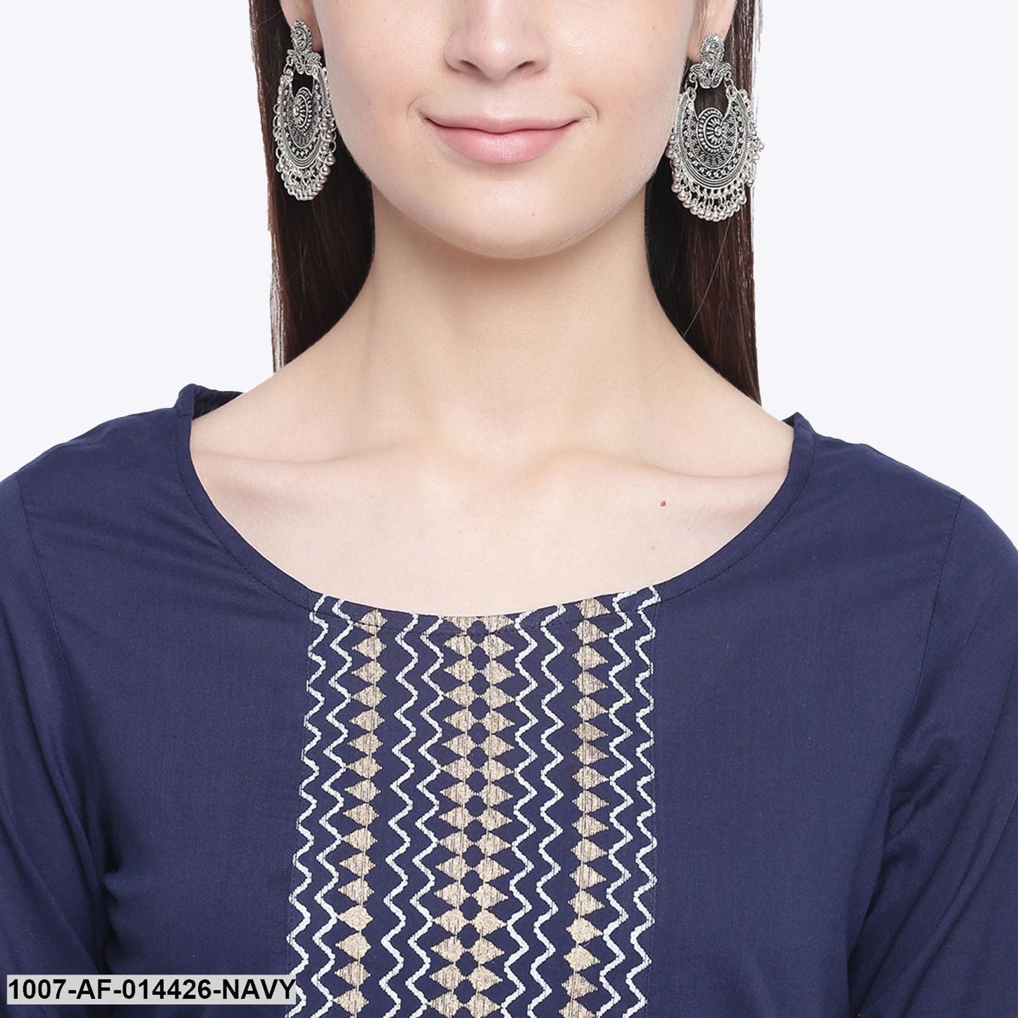 Gold Print Cotton Straight Kurta Palazzo Set (Navy Blue,White) (Pre-Order)