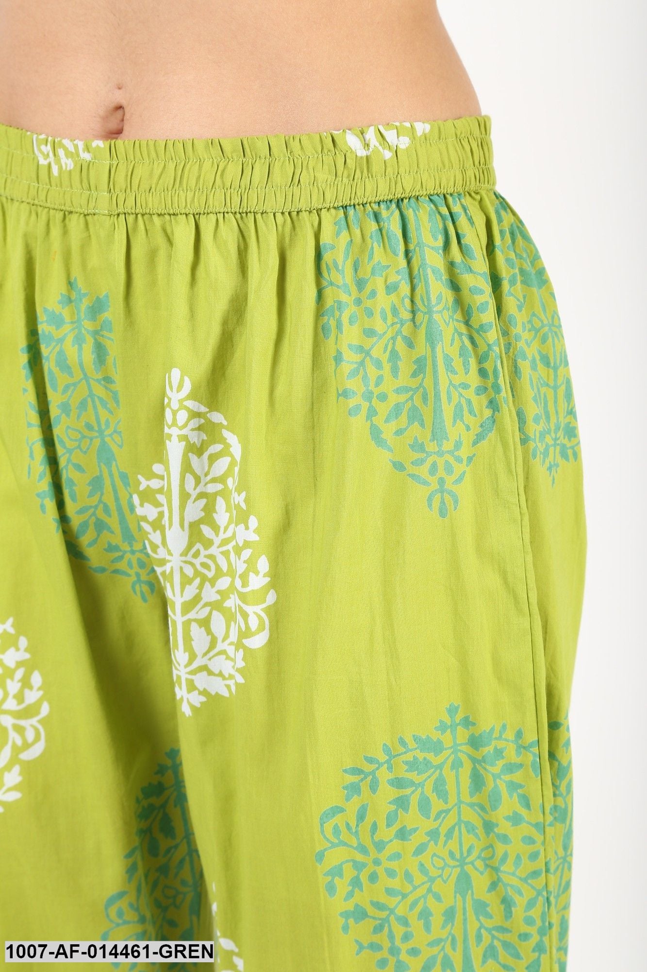 Floral Print Cotton Pleated Kurta Pant Dupatta Set (Green) (Pre-Order)