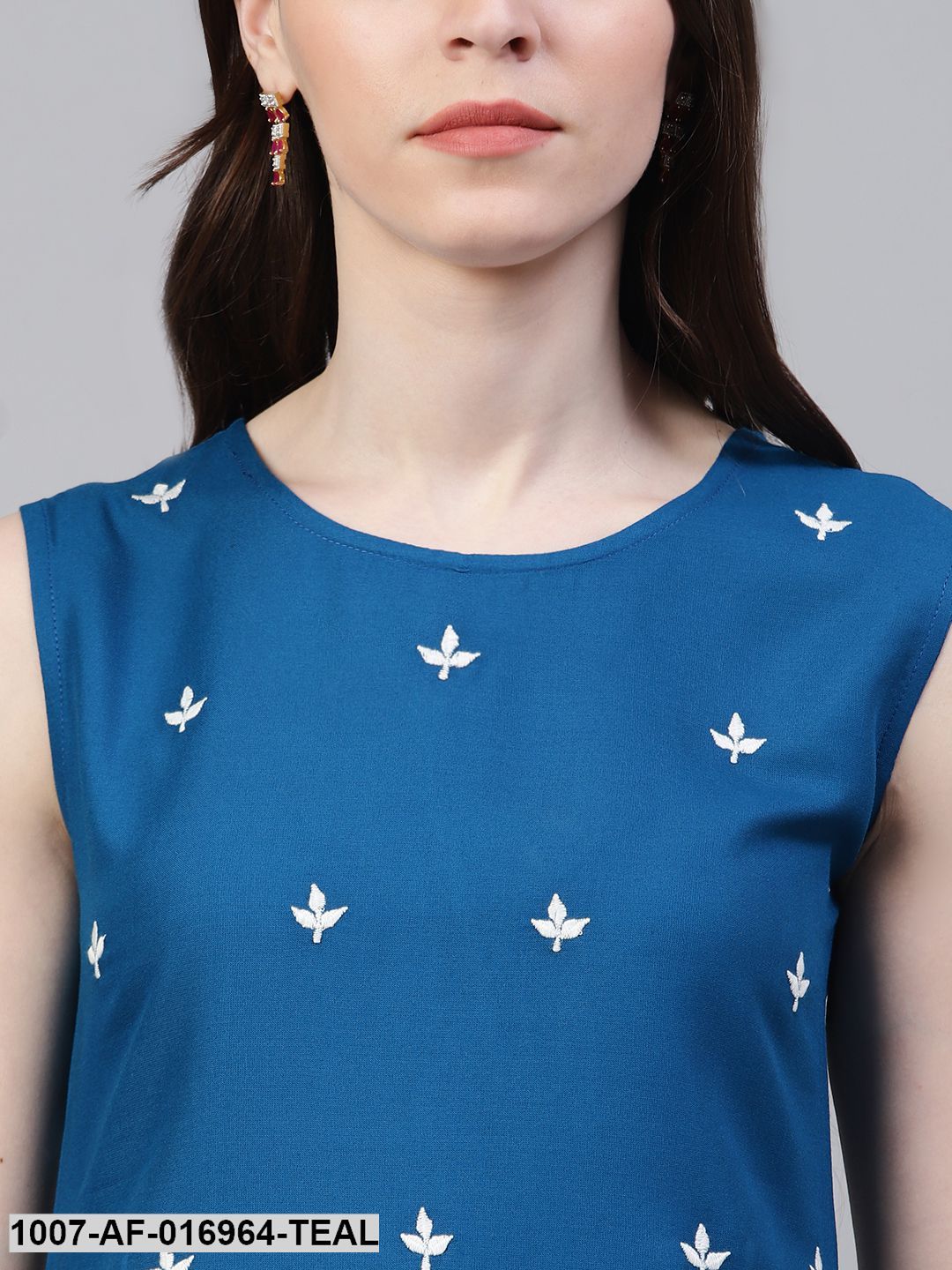 Embroidered Rayon Straight Kurta Skirt Dupatta Set (Teal Blue) (Pre-Order)