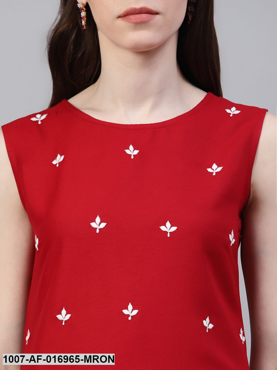 Embroidered Rayon Straight Kurta Skirt Dupatta Set (Maroon) (Pre-Order)