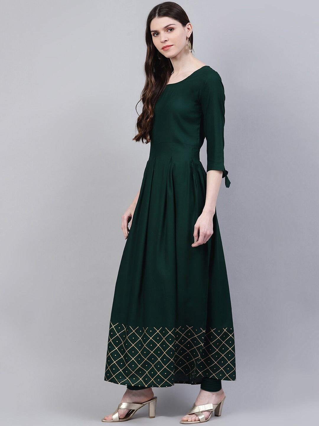 Women's Gold Print Rayon Flared Kurta Dupatta Set (Dark Green) (Pre-Order)