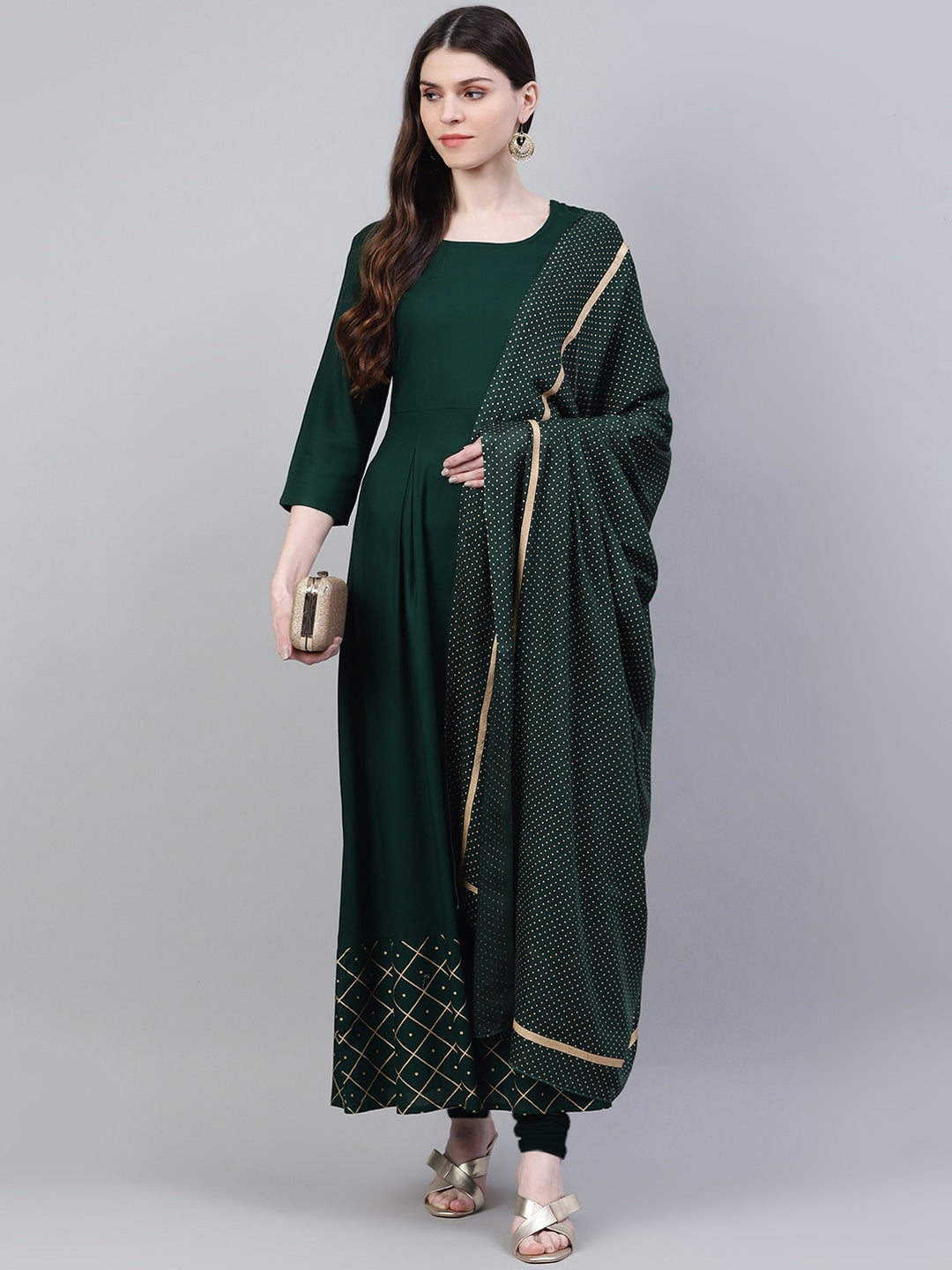 Women's Gold Print Rayon Flared Kurta Dupatta Set (Dark Green) (Pre-Order)