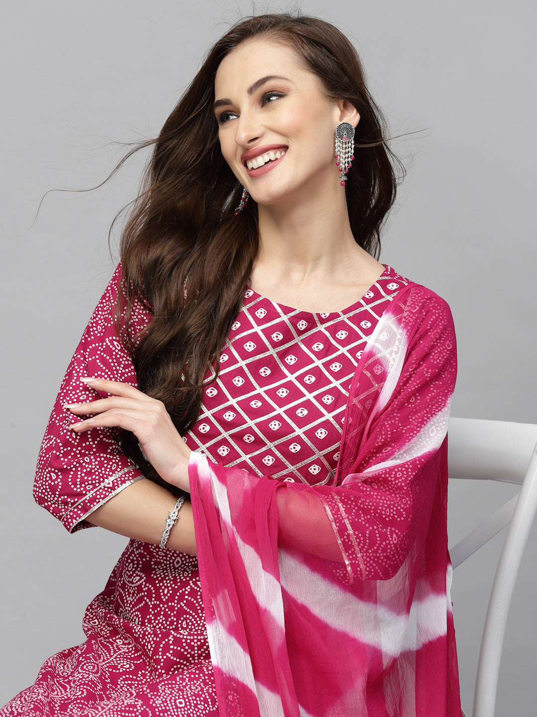 Bandhej Printed Rayon Kurta Pant Dupatta Set (Pre-Order)