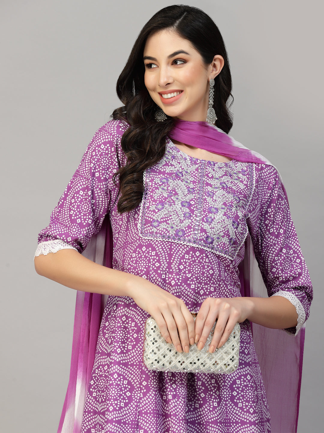 Bandhej Printed & Embroidered Anarkali Kurta Pant Dupatta Set (Pre-Order)