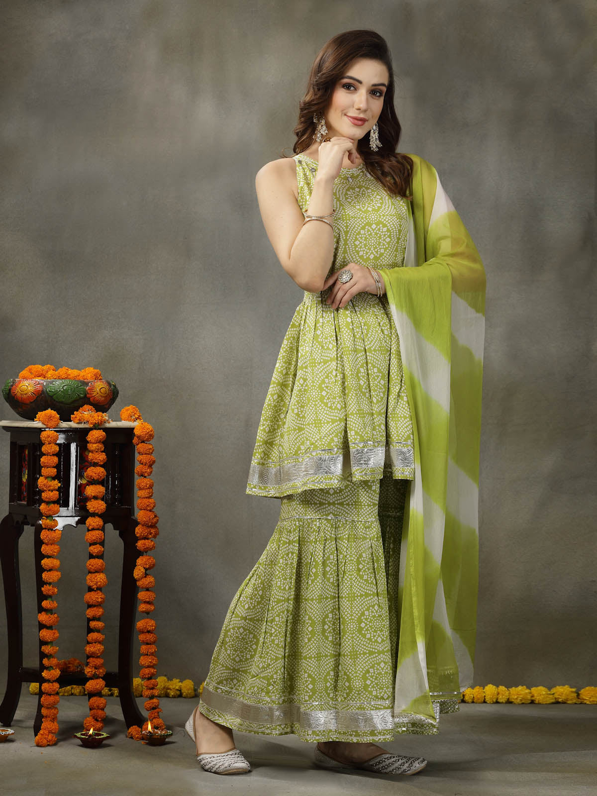Bandhej Printed Rayon Pleated Kurta Sharara Dupatta Set