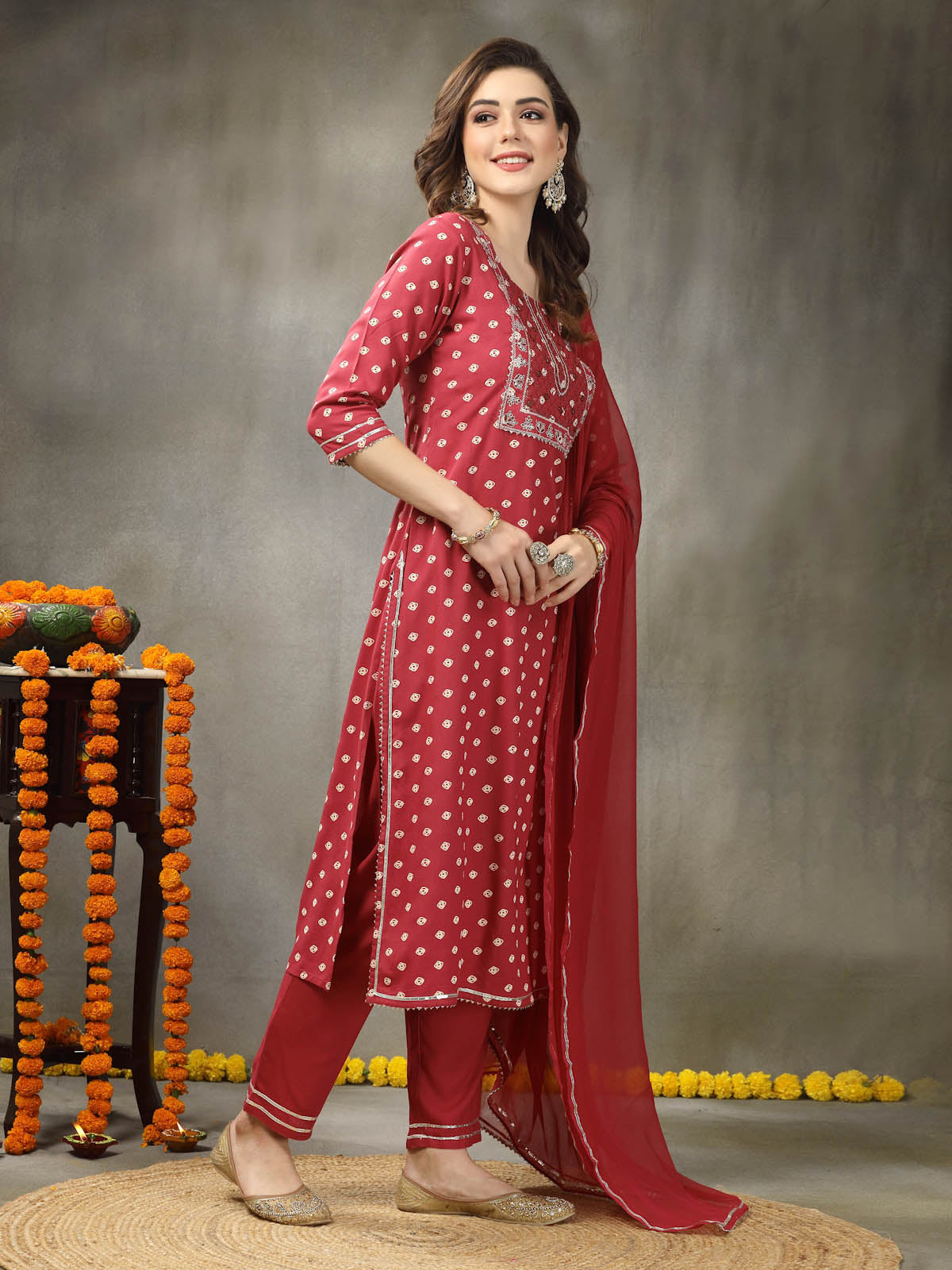 Bandhej Printed & Embroidered Rayon Straight Kurta Pant Dupatta Set (Pre-Order)