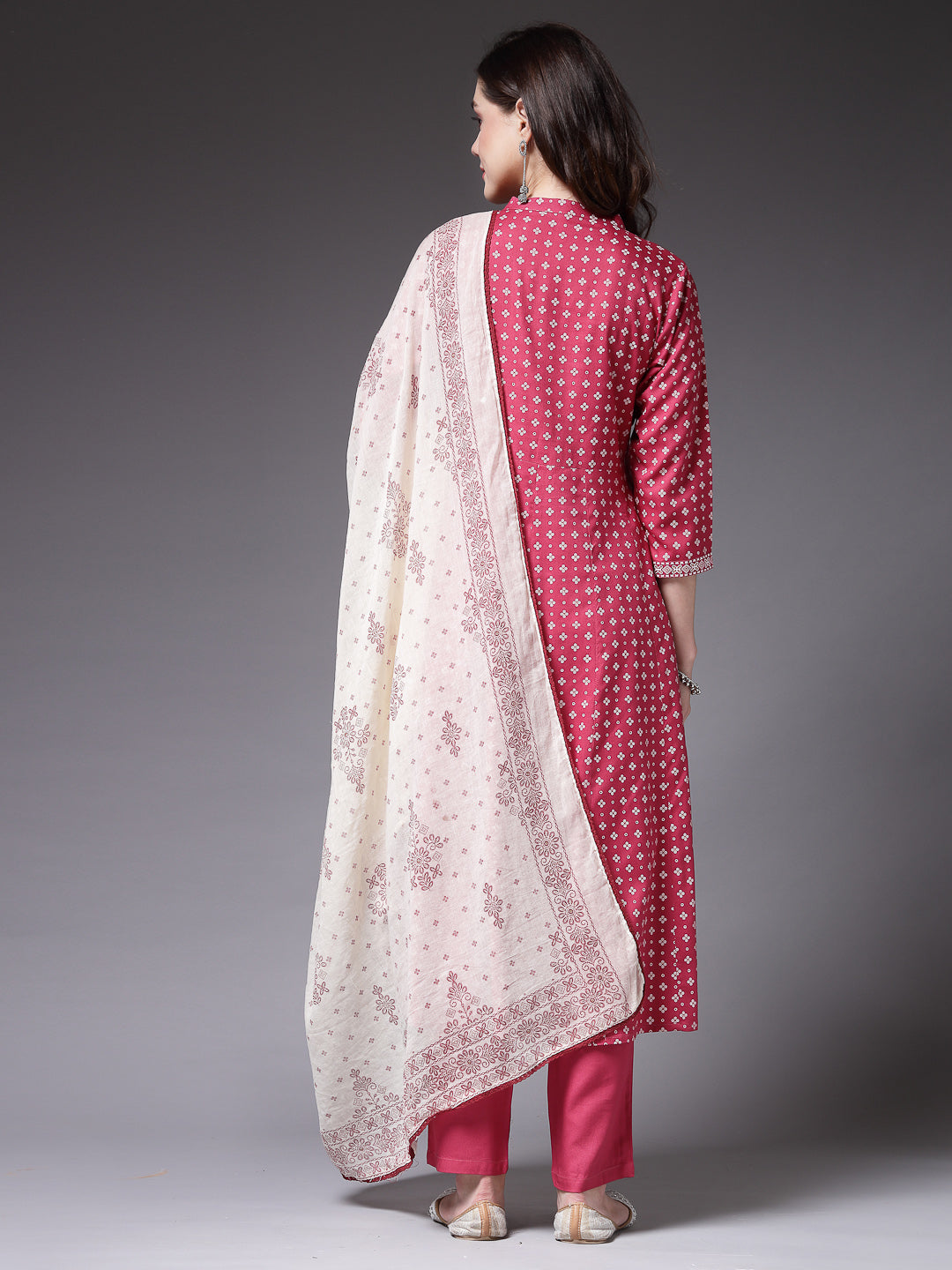 Bandhej Printed & Embroidered Rayon Anarkali Kurta Pant Dupatta Set (Pre-Order)