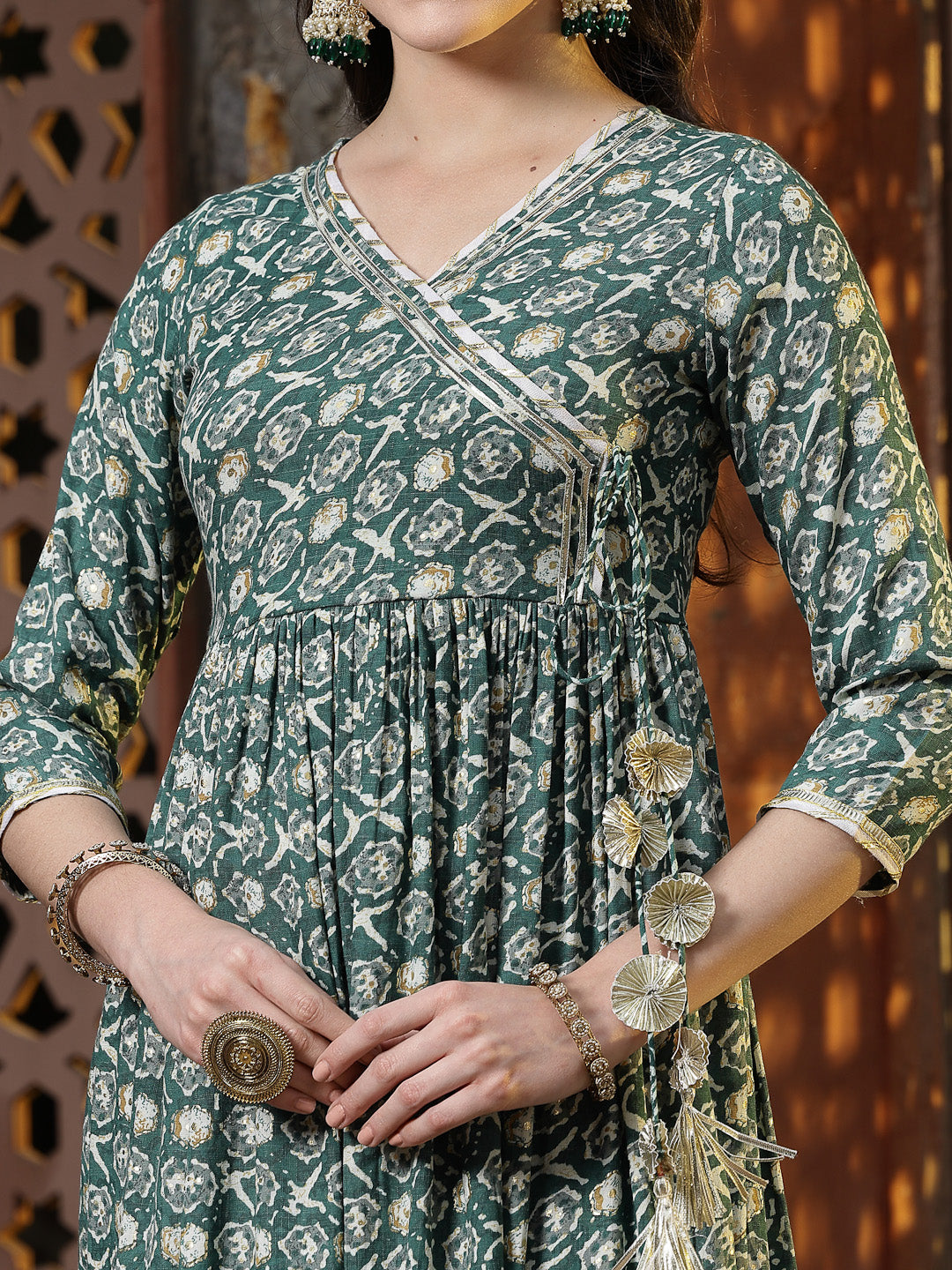 Floral Printed Cotton Blend Angrakha Kurta Palazzo Dupatta Set