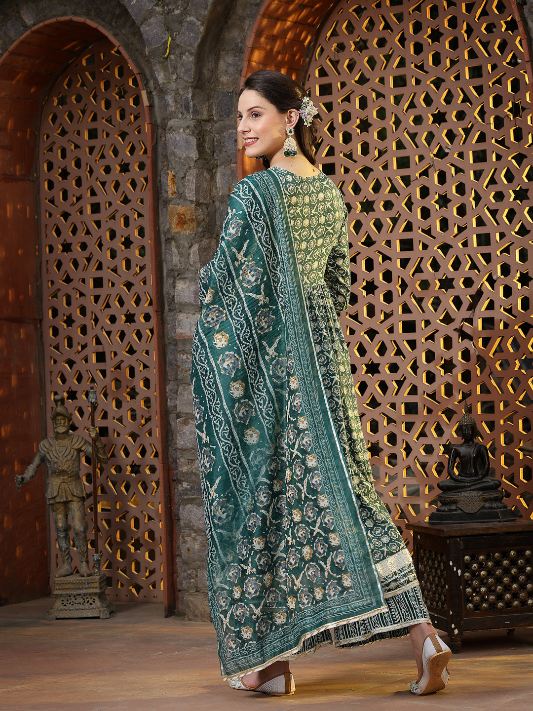Floral Printed Cotton Blend Angrakha Kurta Palazzo Dupatta Set