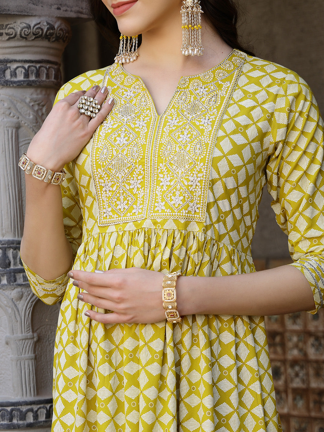 Geometric Printed & Embroidered Rayon Pleated Kurta Sharara Dupatta Set
