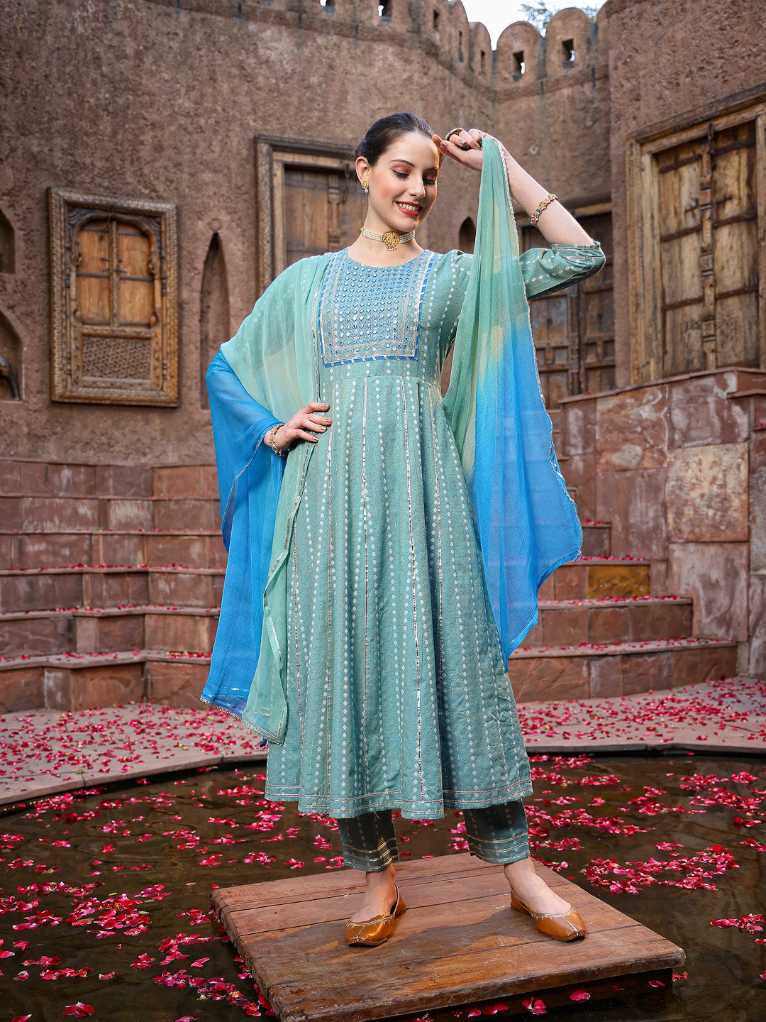 Woven Designed & Embroidered Cotton Blend Anarkali Kurta Pant Dupatta Set