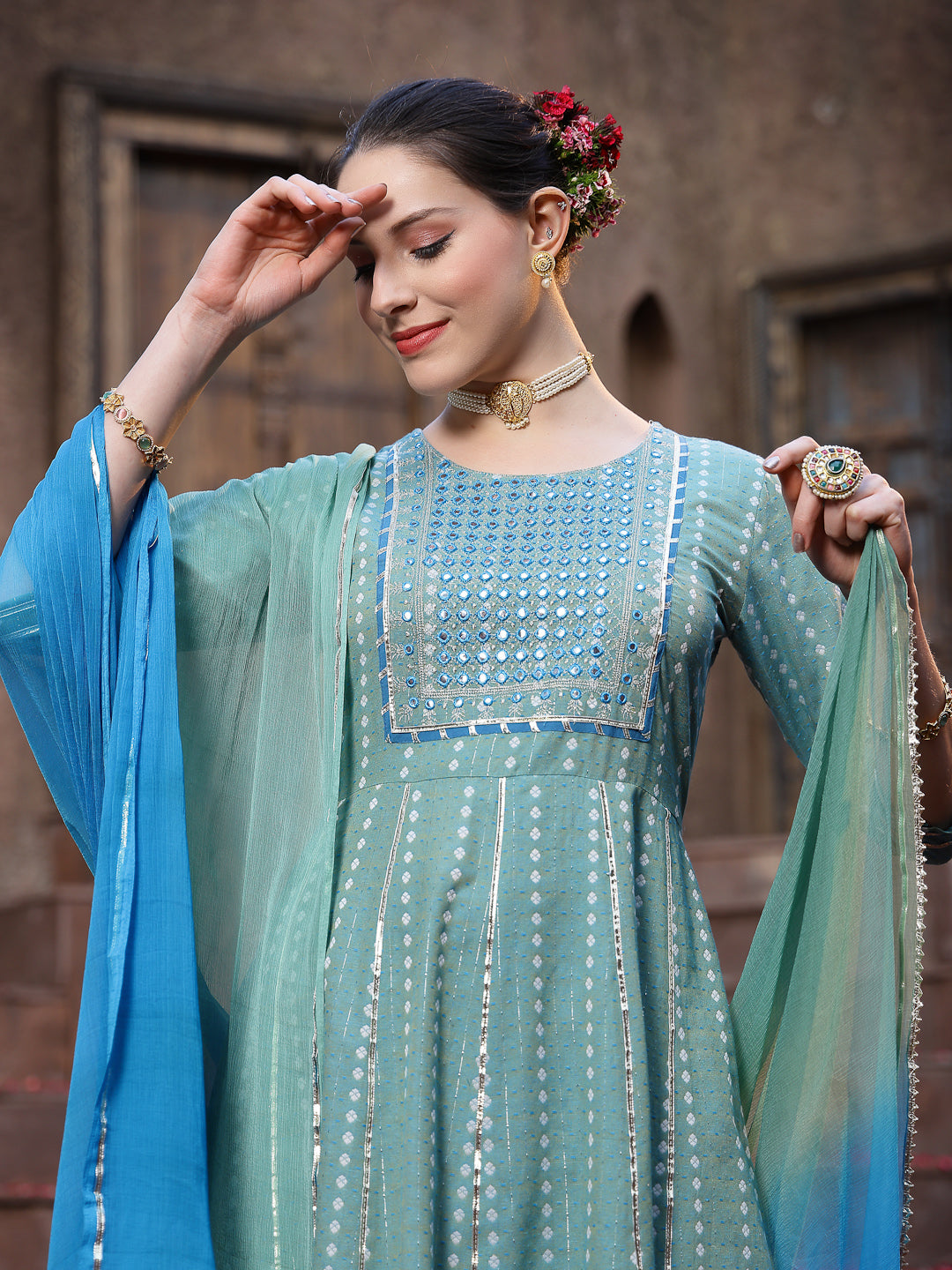 Woven Designed & Embroidered Cotton Blend Anarkali Kurta Pant Dupatta Set