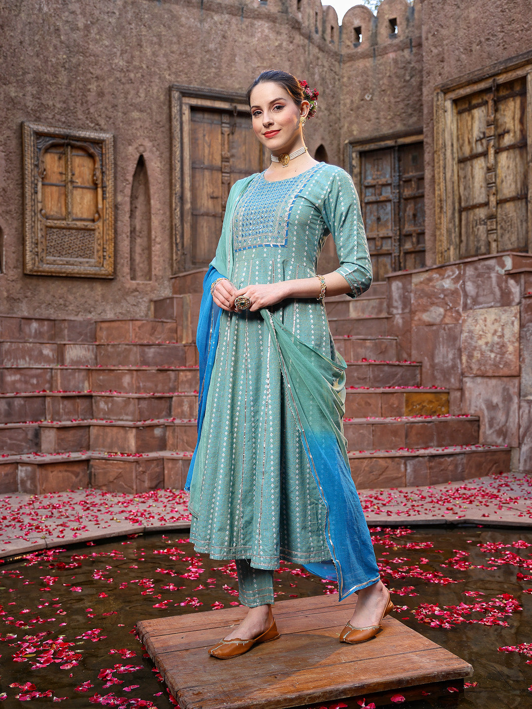 Woven Designed & Embroidered Cotton Blend Anarkali Kurta Pant Dupatta Set