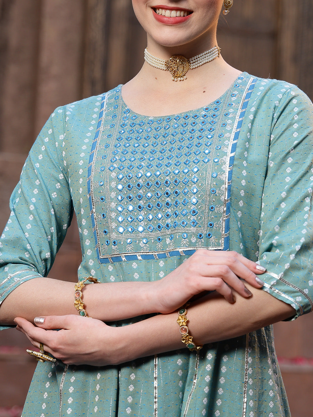 Woven Designed & Embroidered Cotton Blend Anarkali Kurta Pant Dupatta Set