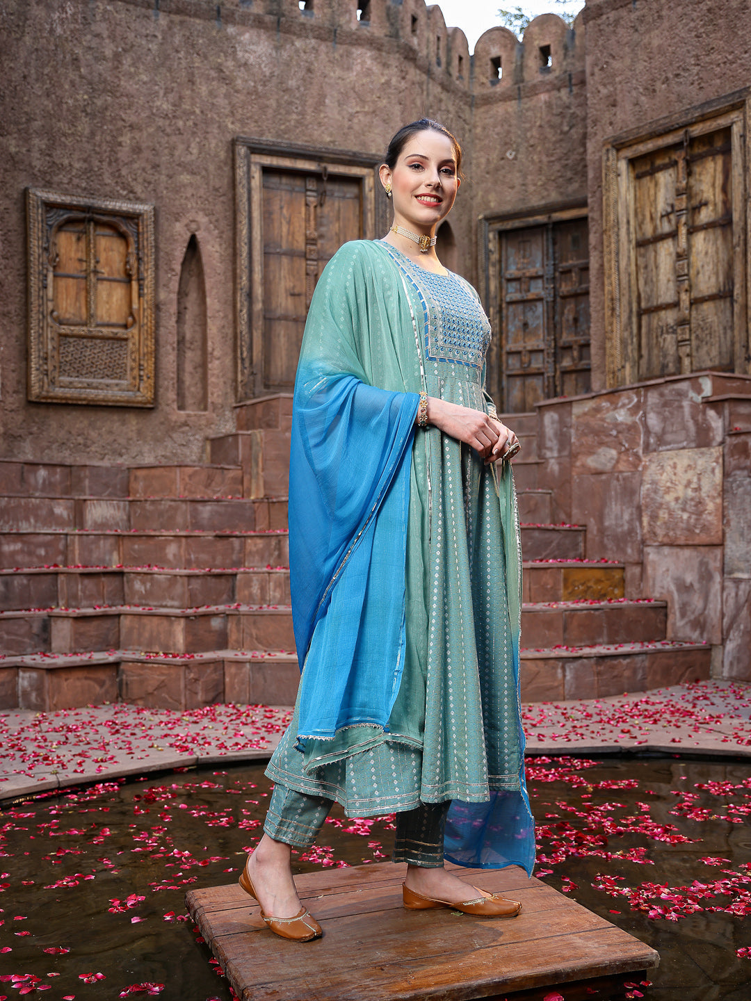 Woven Designed & Embroidered Cotton Blend Anarkali Kurta Pant Dupatta Set