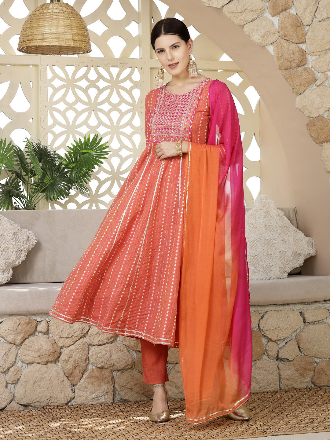 Woven Designed & Embroidered Cotton Blend Anarkali Kurta Pant Dupatta Set