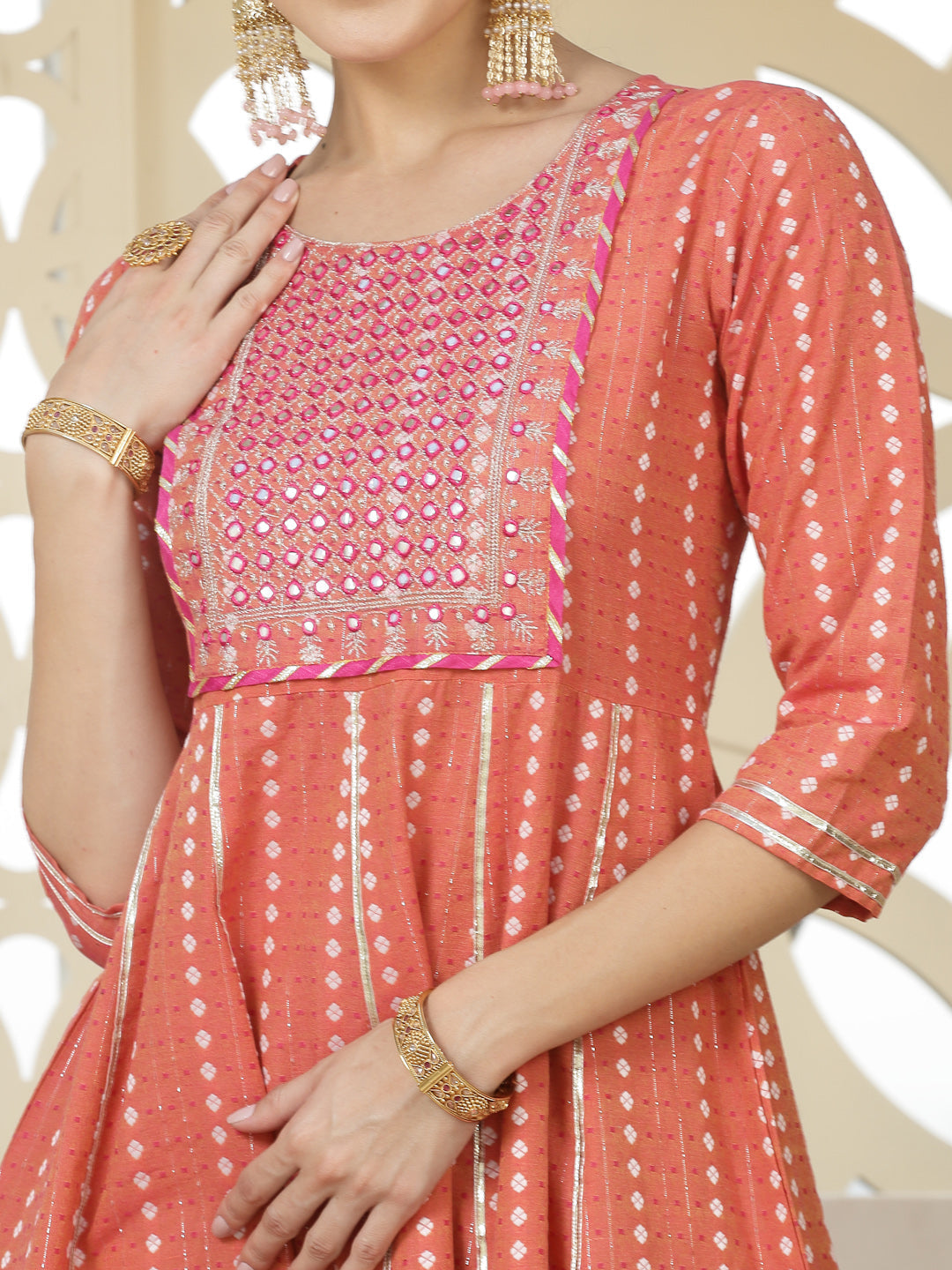 Woven Designed & Embroidered Cotton Blend Anarkali Kurta Pant Dupatta Set