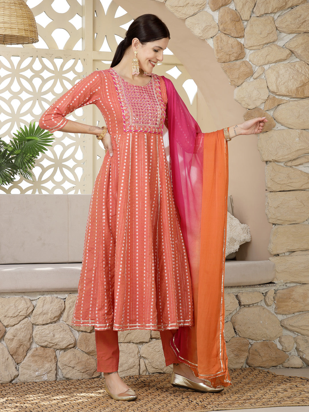Woven Designed & Embroidered Cotton Blend Anarkali Kurta Pant Dupatta Set