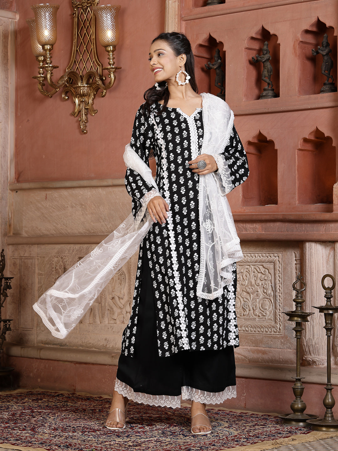 Floral Printed Rayon Straight Kurta Palazzo Dupatta Set