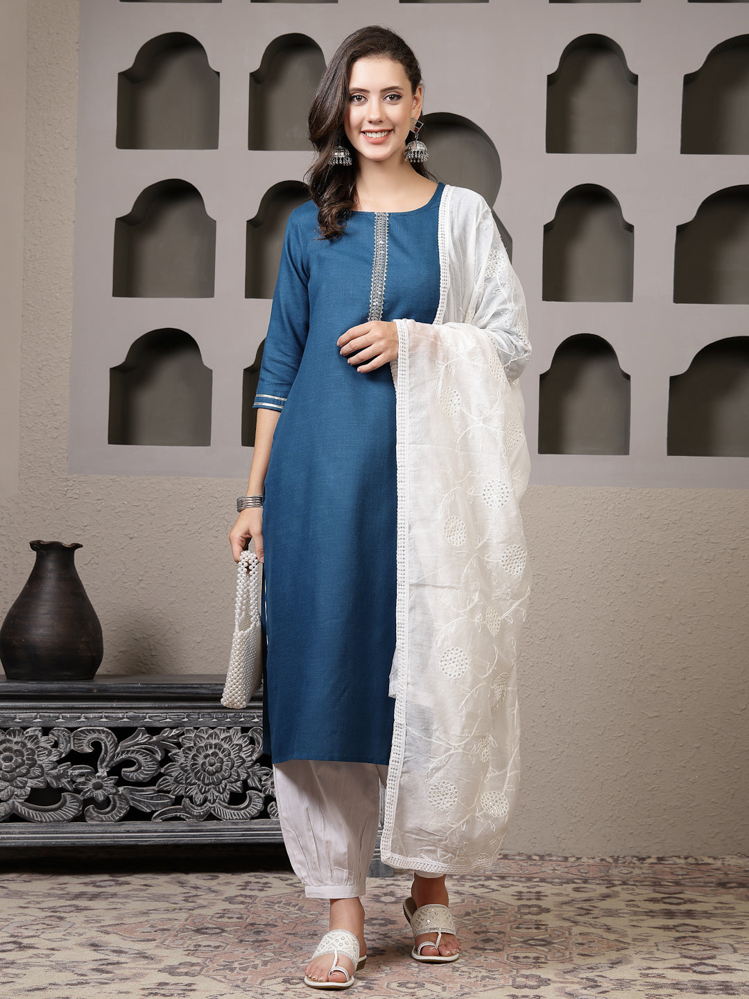 Solid Cotton Blend Straight Kurta Pant Dupatta Set (Pre-Order)