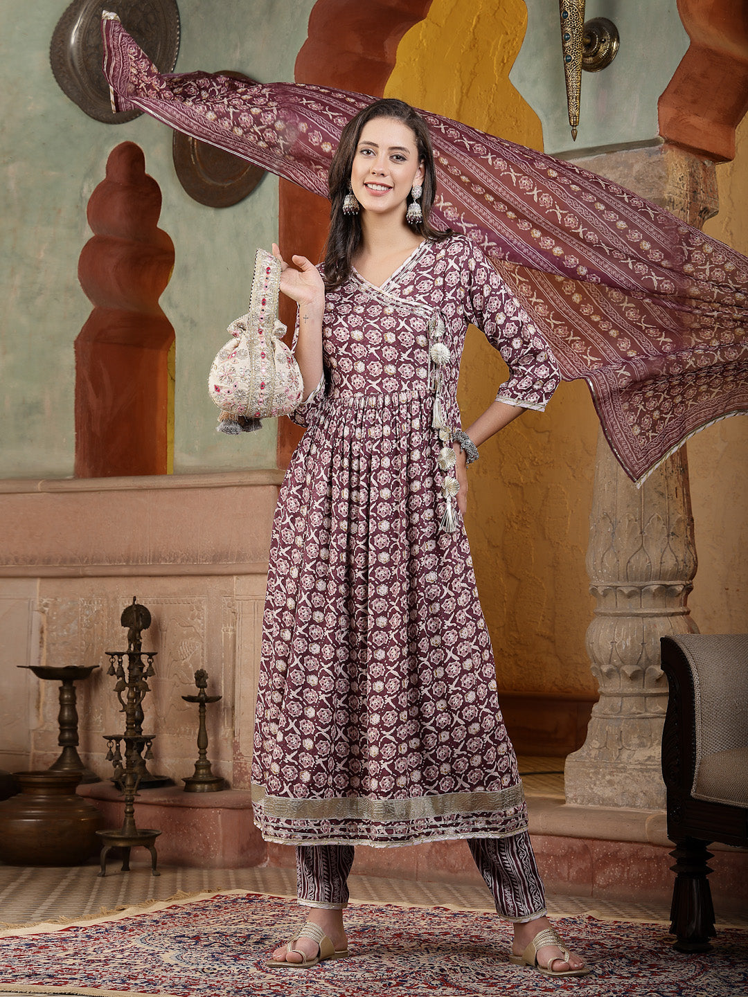 Floral Printed Cotton Blend Angrakha Kurta Pant Dupatta Set