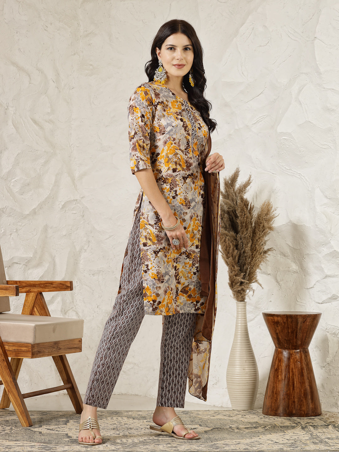 Floral Printed Cotton Blend Straight Kurta Pant Dupatta Set