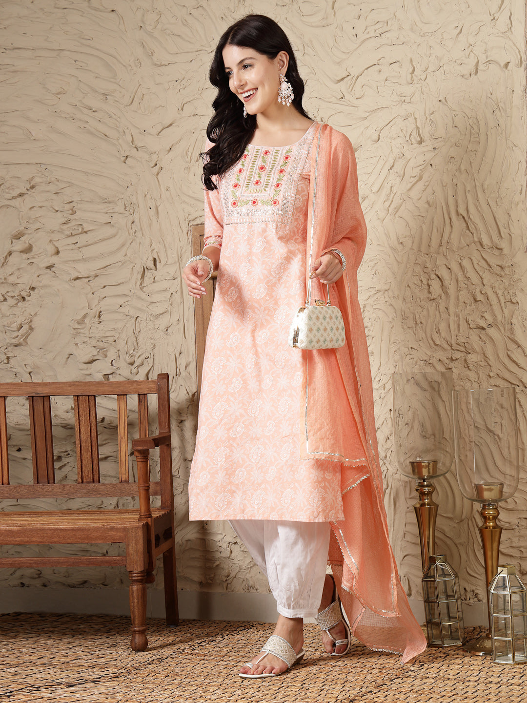 Paisley Printed & Embroidered Cotton Blend Straight Kurta Afghani Pant & Dupatta Set