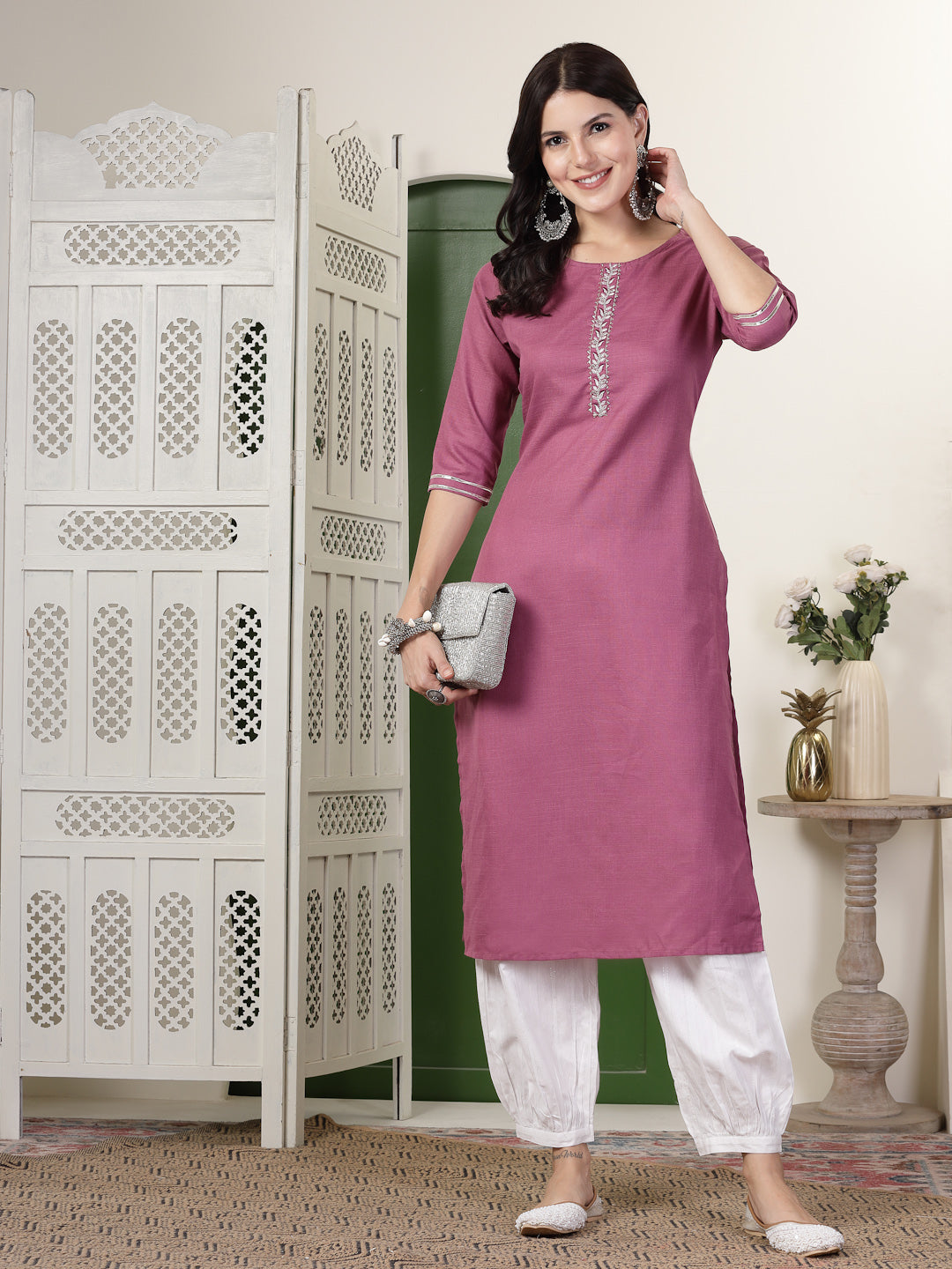 Solid Cotton Blend Straight Kurta Pant Set