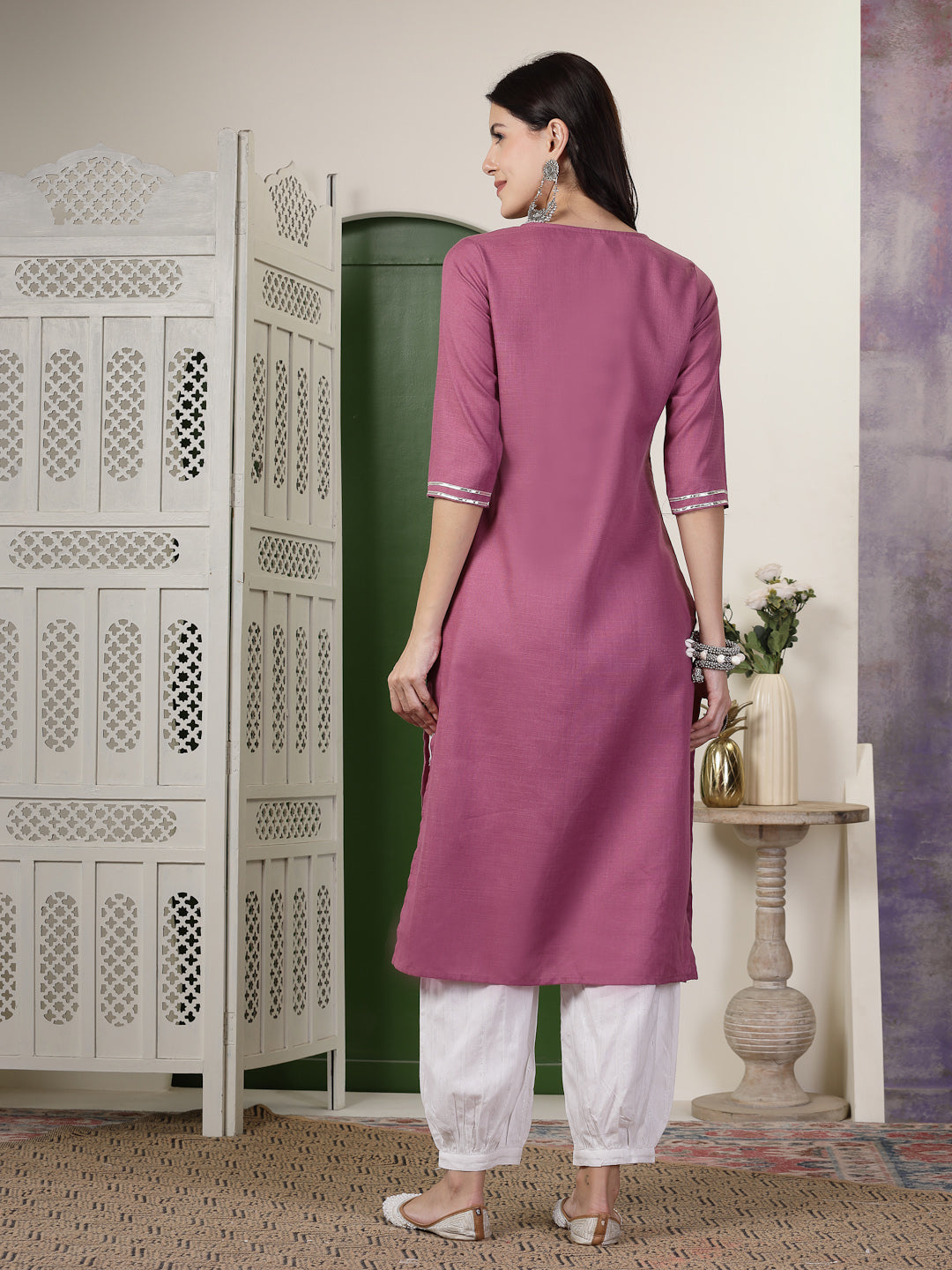 Solid Cotton Blend Straight Kurta Pant Set