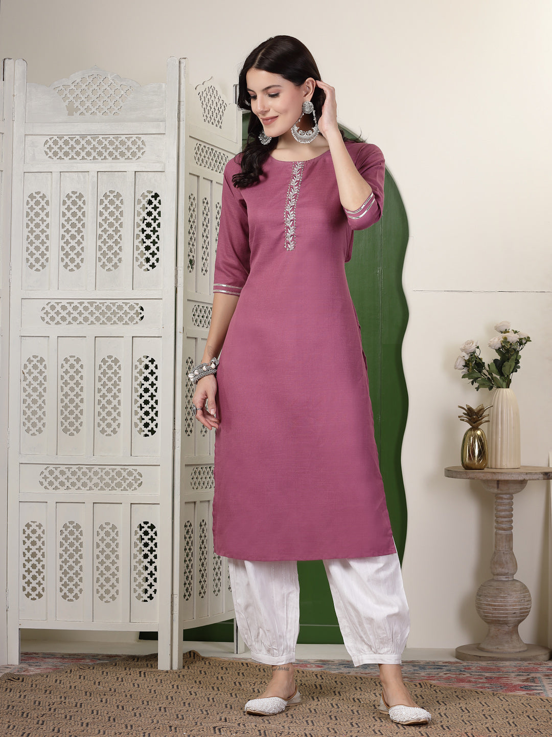 Solid Cotton Blend Straight Kurta Pant Set