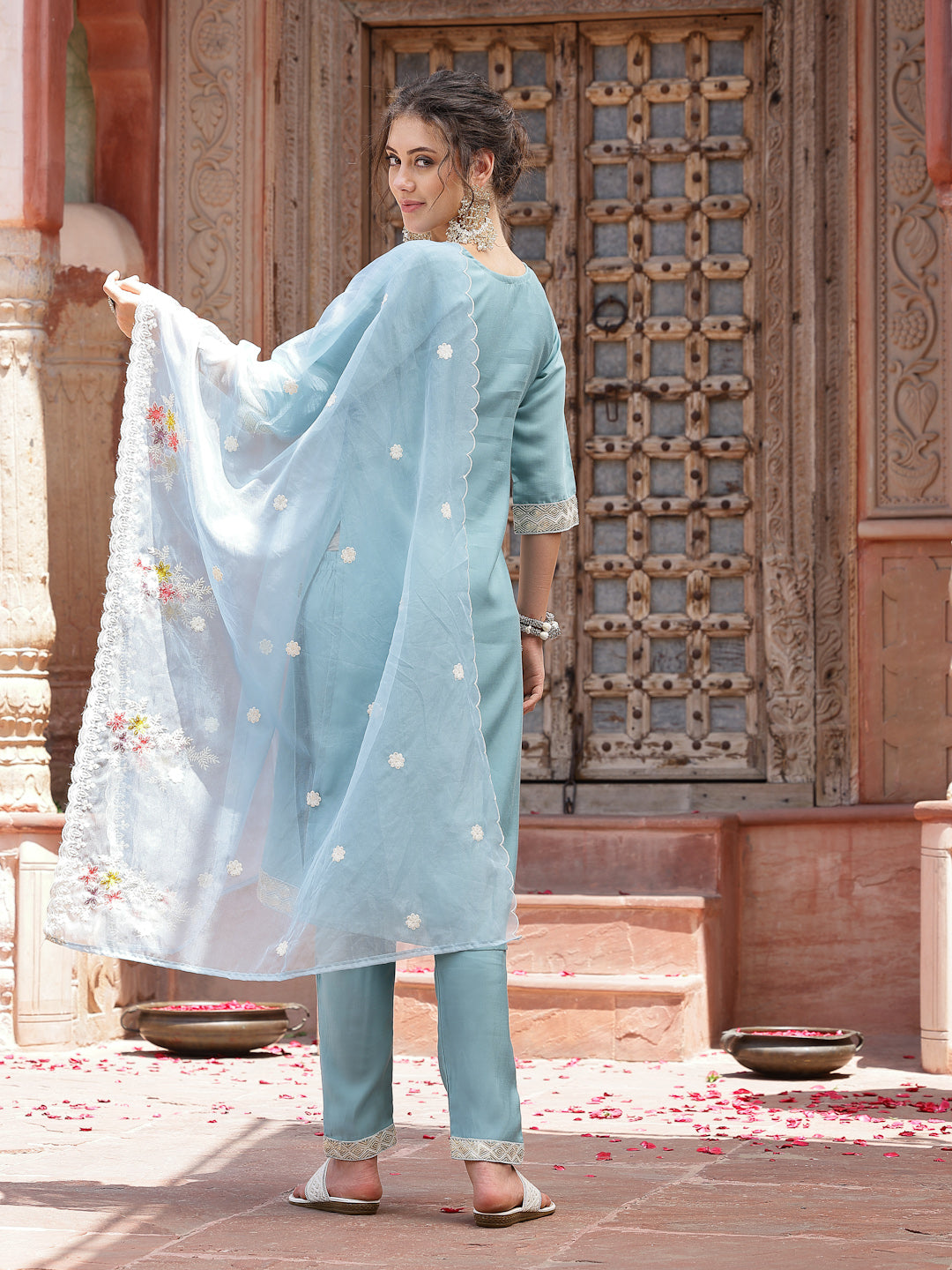 Blue Embroidered Silk Blend Straight Kurta Pant Dupatta Set (Pre-Order)