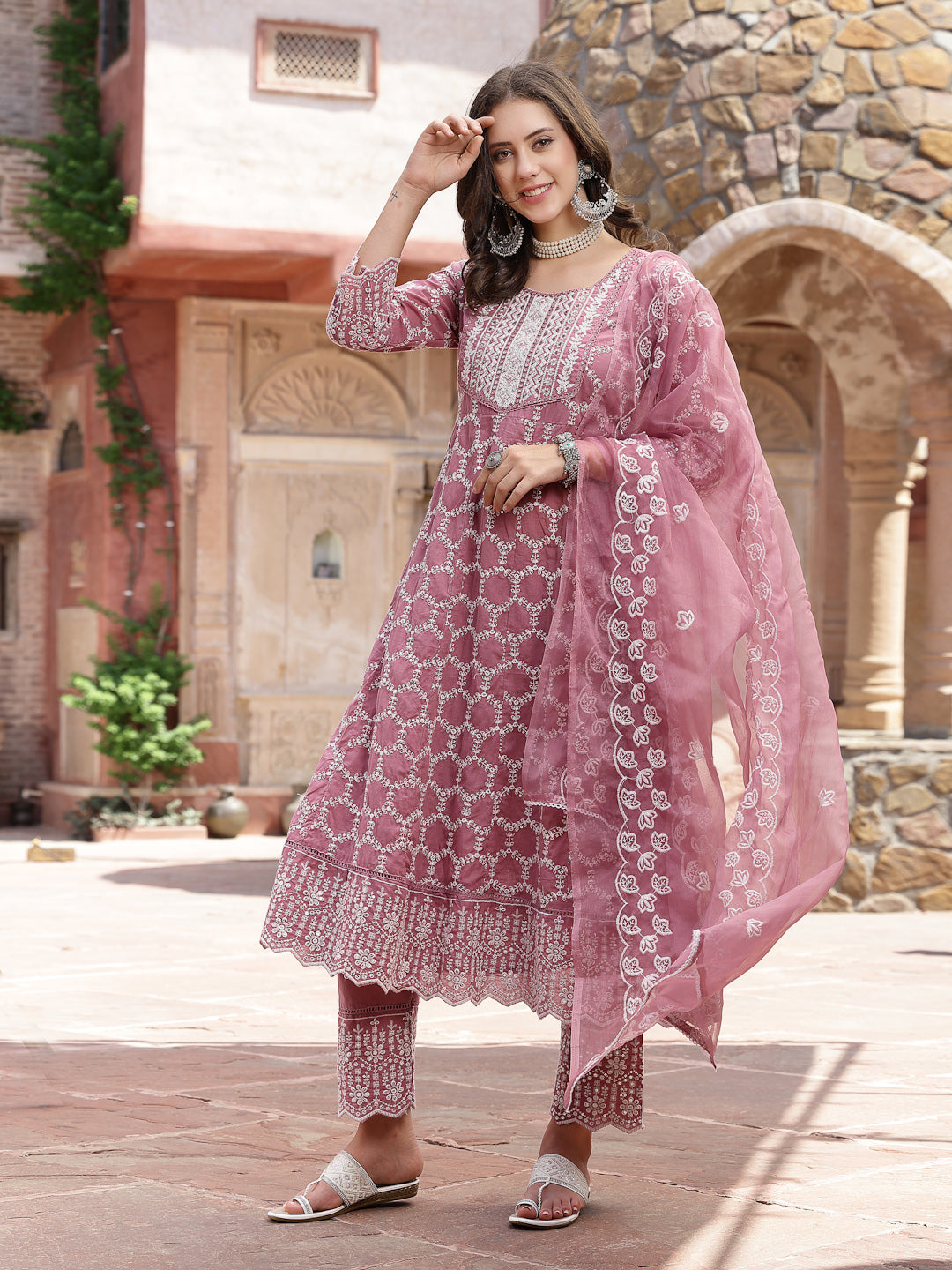 Mauve Embroidered Silk Blend Anarkali Kurta Pant Dupatta Set