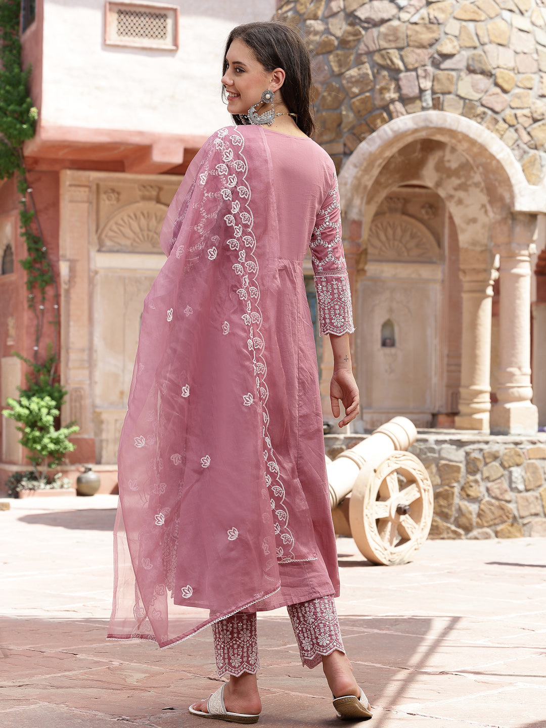Mauve Embroidered Silk Blend Anarkali Kurta Pant Dupatta Set (Pre-Order)