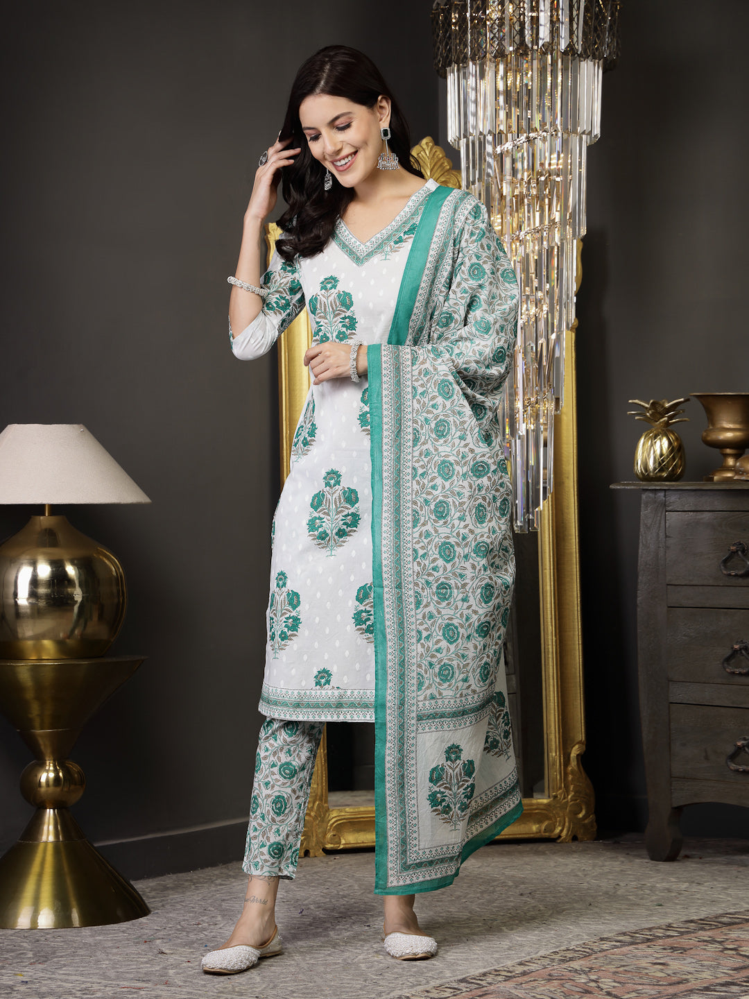 White Ethnic Motif Printed Cotton Straight Kurta Pant Dupatta Set (Pre-Order)