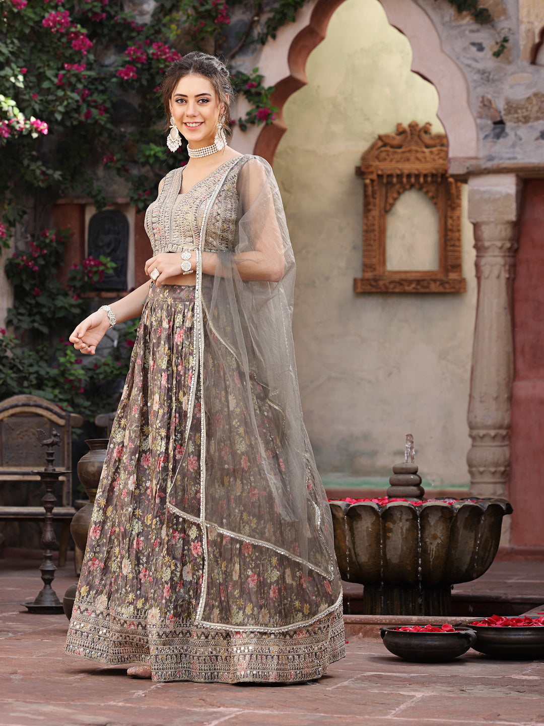 Floral Printed & Embroidered Silk Blend Lehenga Dupatta With Blouse