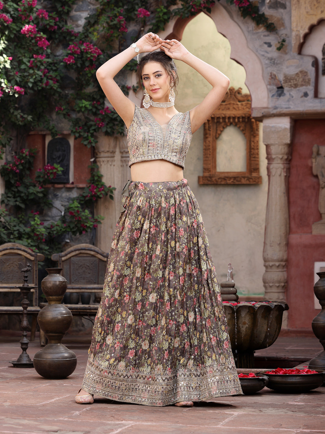 Floral Printed & Embroidered Silk Blend Lehenga Dupatta With Blouse