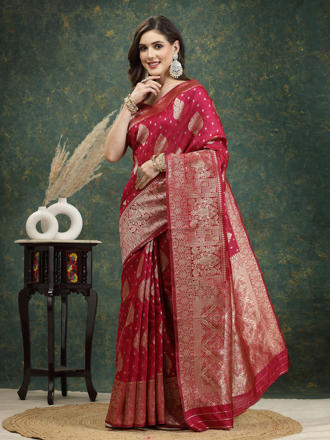 Ethnic Motifs Woven Design Zari Silk Blend Banarasi Saree