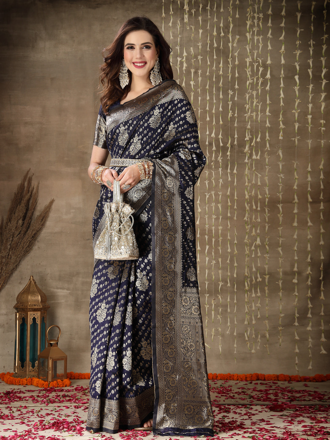 Ethnic Motifs Woven Design Zari Silk Blend Banarasi Saree