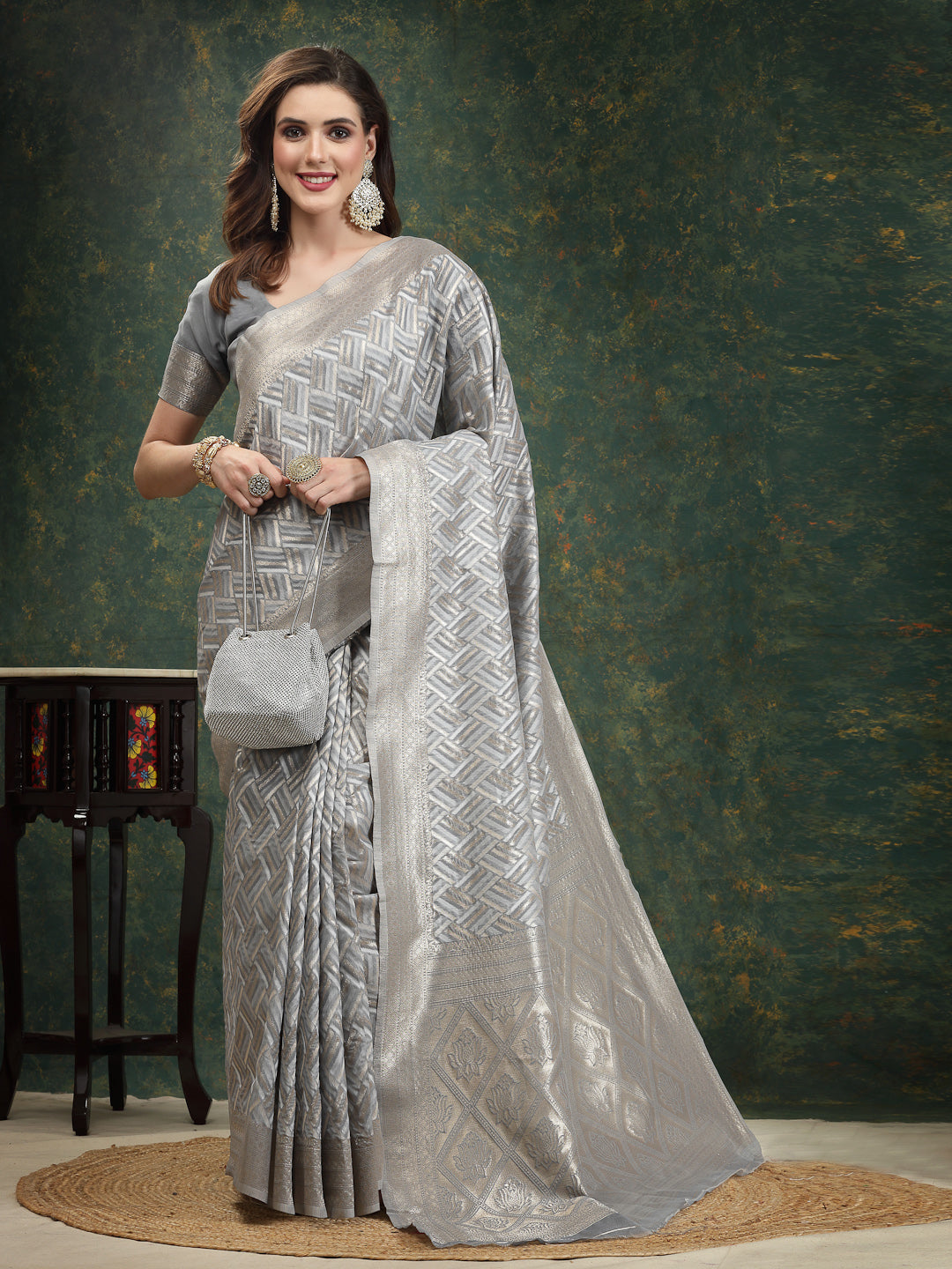 Ethnic Motifs Woven Design Zari Linen Blend Banarasi Saree