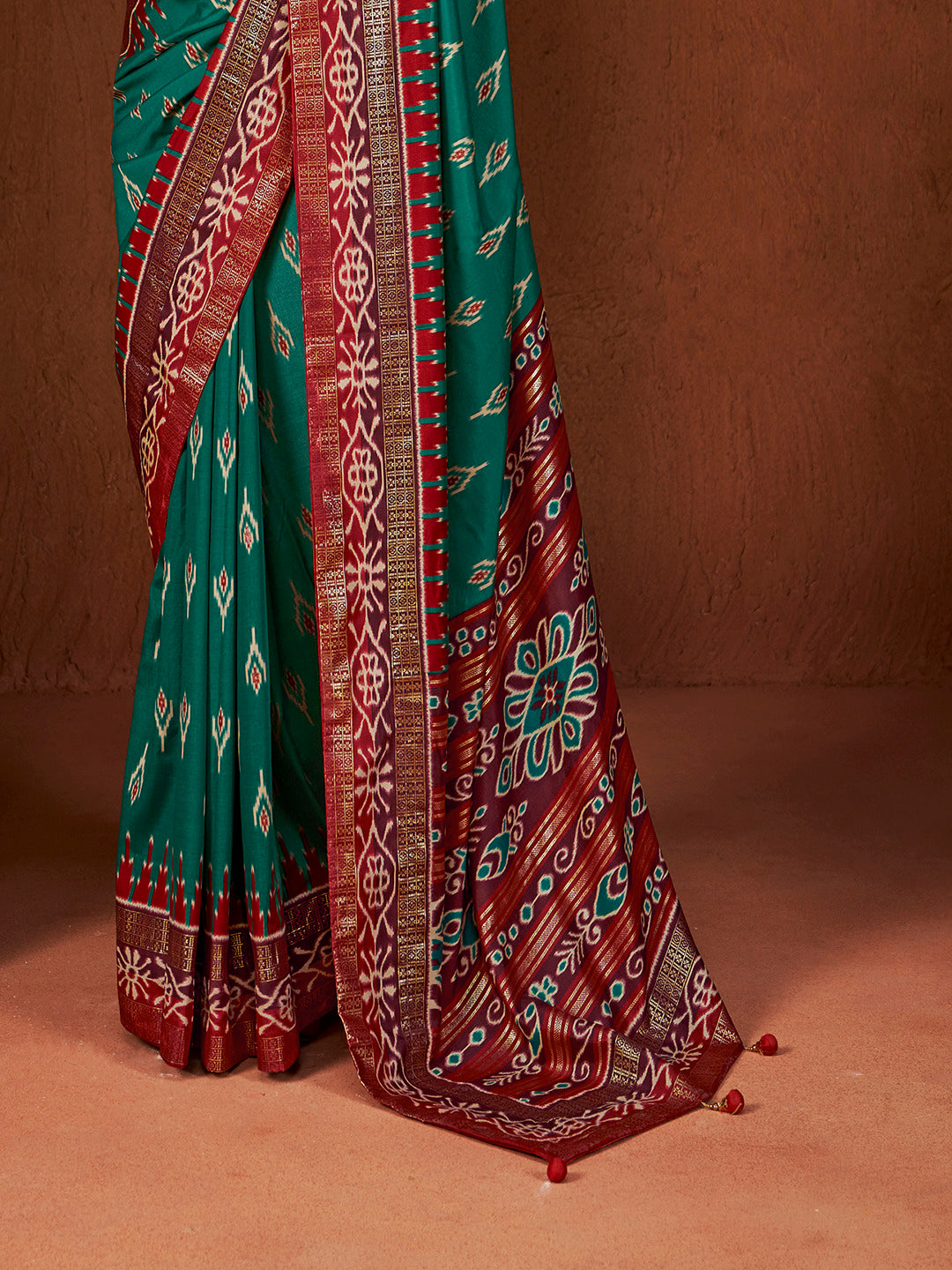 Ikat Printed Zari Border Silk Saree (Pre-Order)