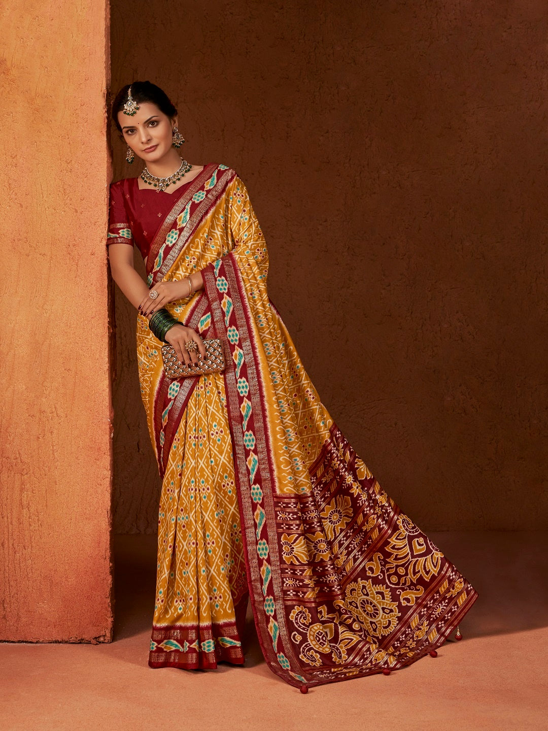 Ikat Printed Zari Border Silk Saree