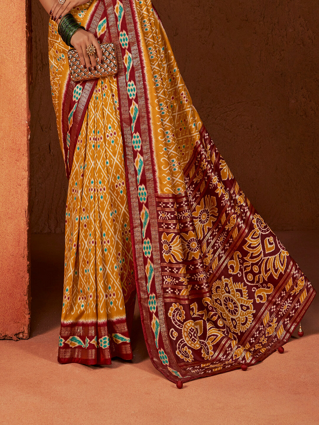 Ikat Printed Zari Border Silk Saree