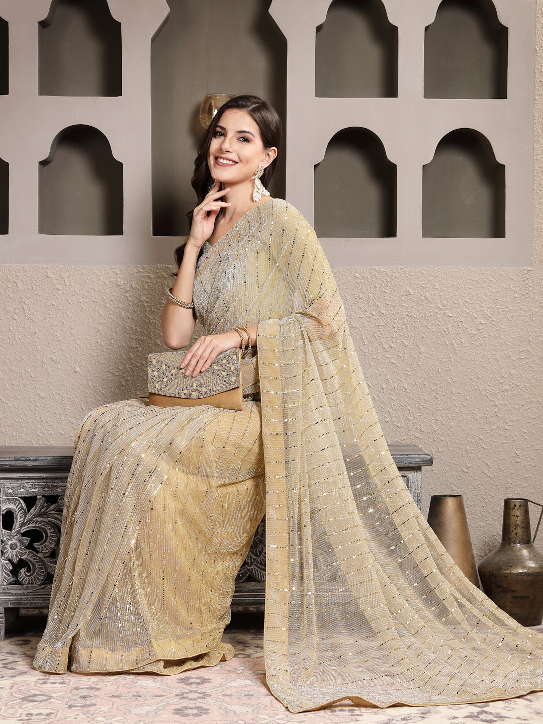 Golden Party Wear Fancy Lycra Shimmer Saree