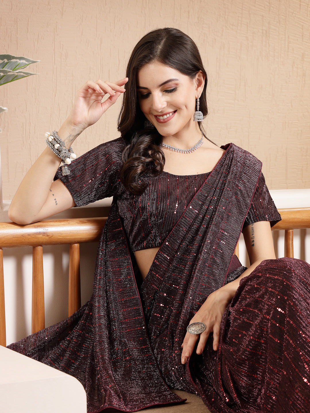 Wine Party Wear Fancy Lycra Shimmer Ready To Wear Saree