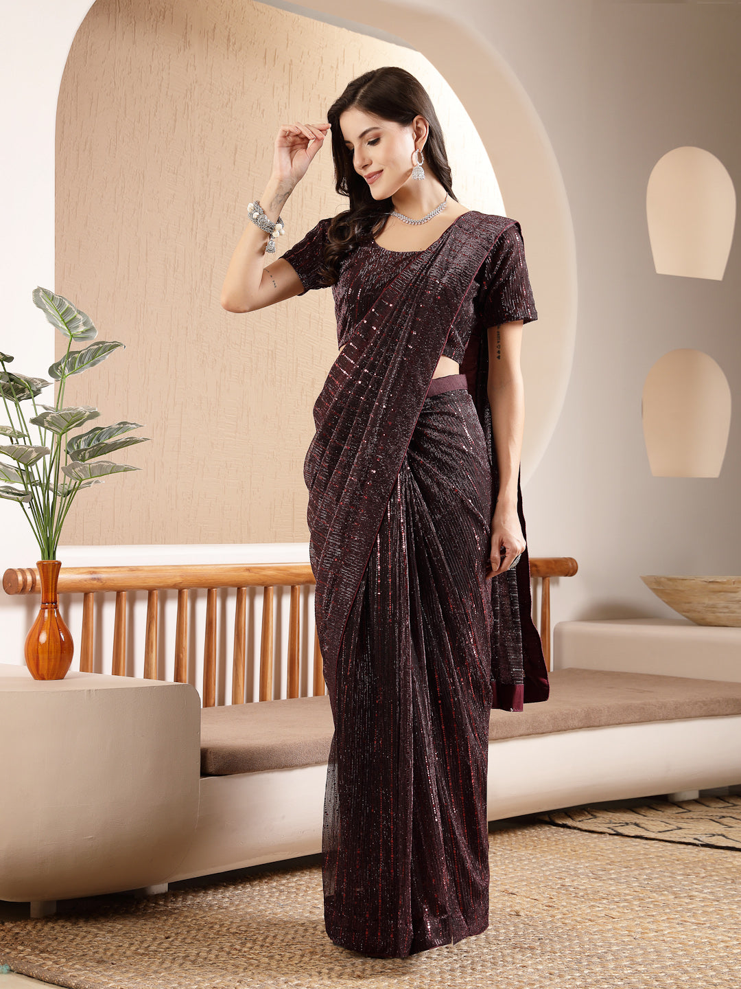 Wine Party Wear Fancy Lycra Shimmer Ready To Wear Saree